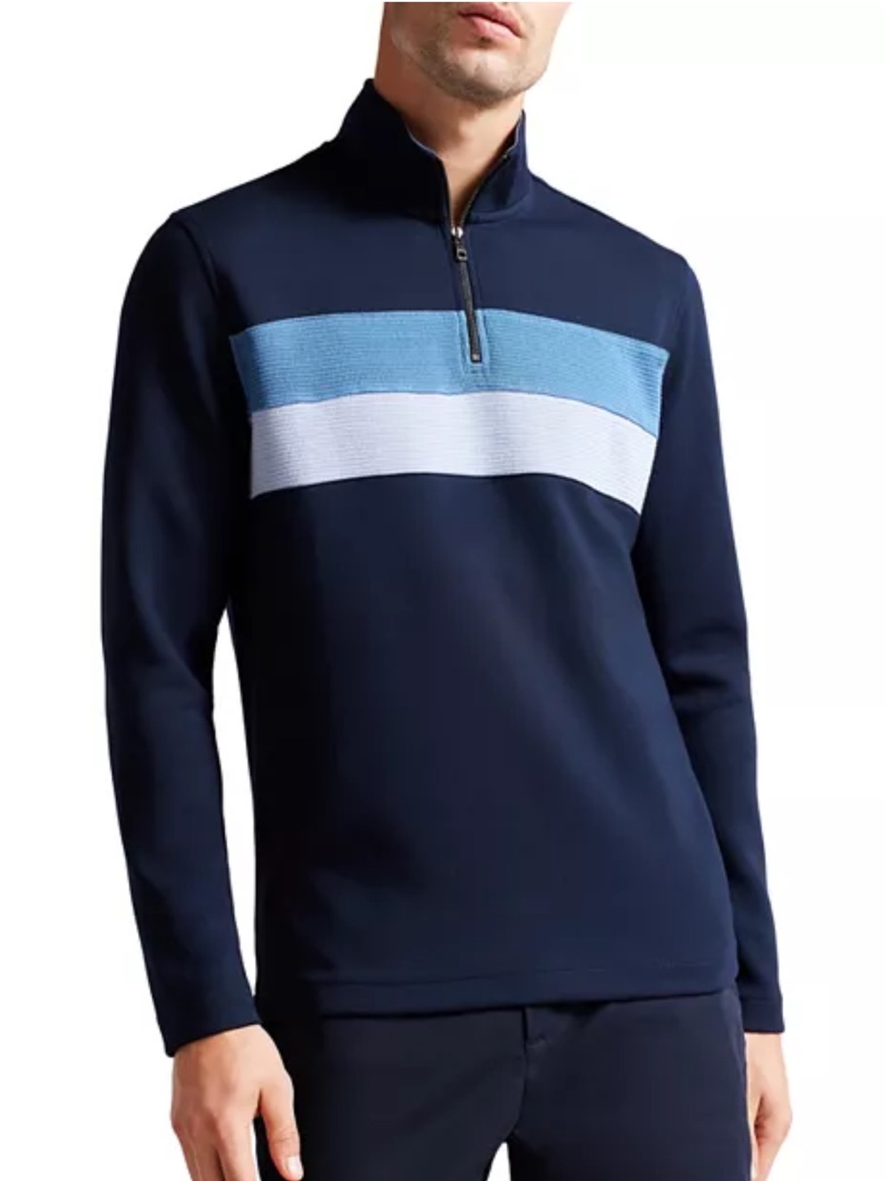 MAGASHONI XL Navy Light Blue Front Panel Stripes Quarter Zip Pullover